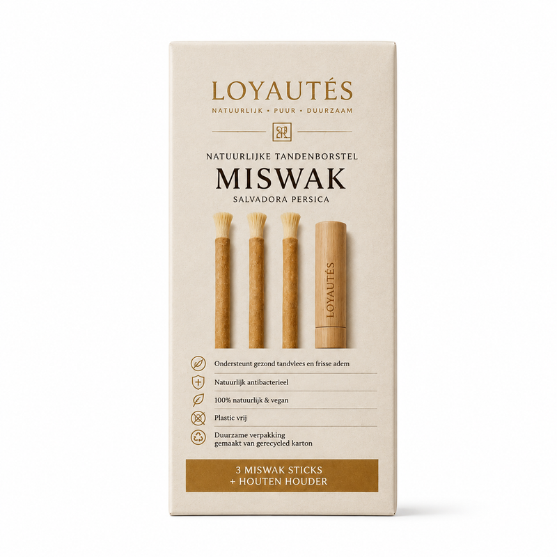Miswak met houten houder — doos met 3 sticks, natuurlijke tandenborstel van Salvadora persica