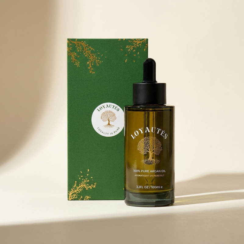 Pure arganolie 100ml in donkere glazen druppelfles naast groene geschenkdoos – 100% biologisch en koudgeperst