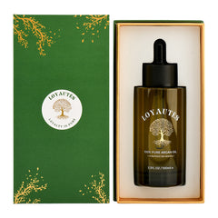 Pure arganolie van LOYAUTÉS in donkere fles met druppelaar, in groene geschenkdoos